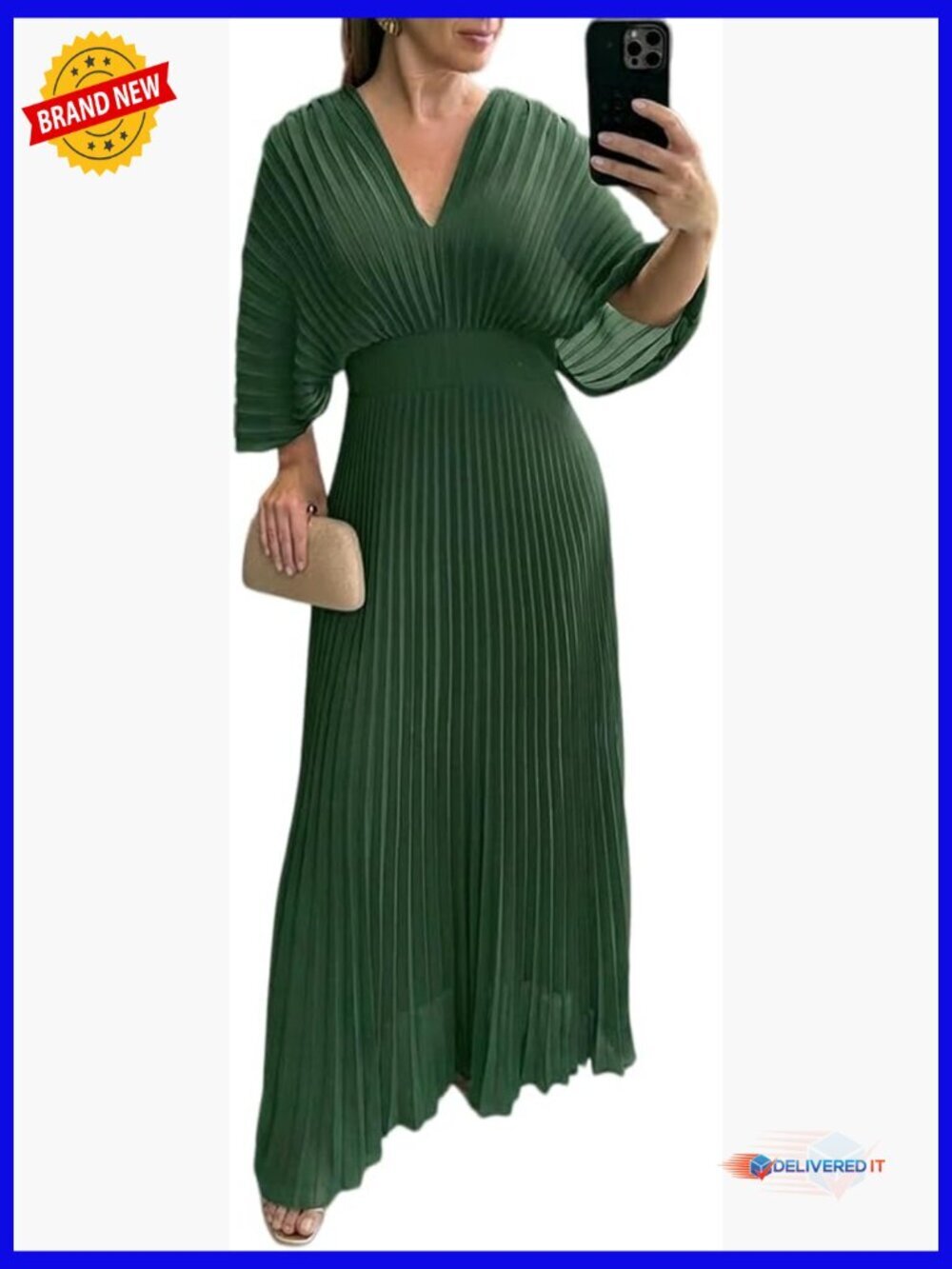 Pleated Maxi Dress V Neck Batwing Sleeve Backless Zipper Formal Evening